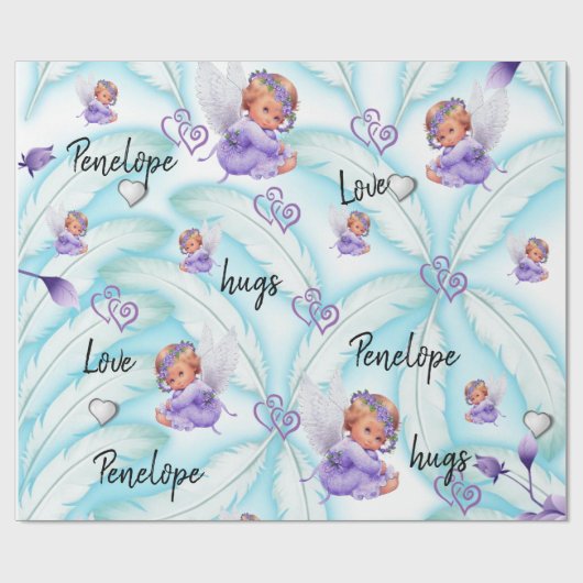 Glossy Wrapping Paper, Angel Blue Feathers Hearts Geschenkpapier (Flach)