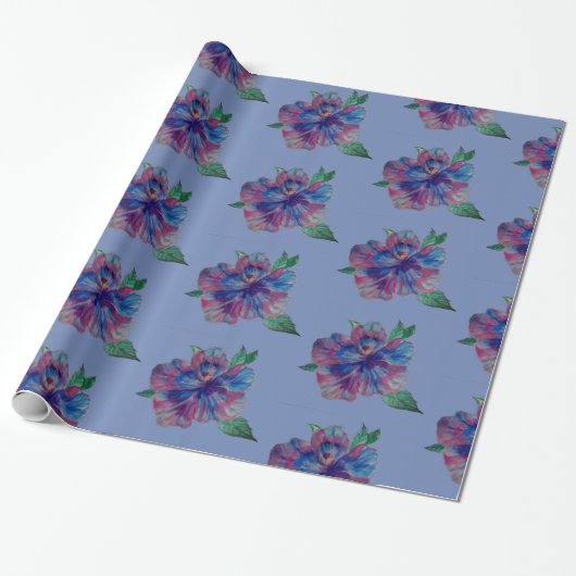Glossy Wrapping Paper, Blaue Lila Blume Zeichnend Geschenkpapier (Ungerollt)