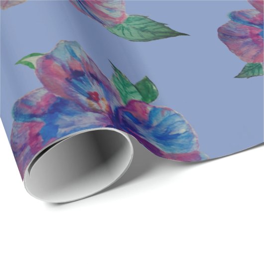 Glossy Wrapping Paper, Blaue Lila Blume Zeichnend Geschenkpapier (Rolleneckpunkt)