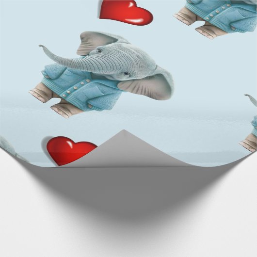 Glossy Wrapping Paper Blue Elephant Red Hearts Geschenkpapier (Ecke)