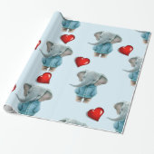 Glossy Wrapping Paper Blue Elephant Red Hearts Geschenkpapier (Ungerollt)