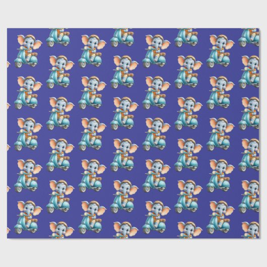 Glossy Wrapping Paper Blue Elephant Scooter  Geschenkpapier (Flach)