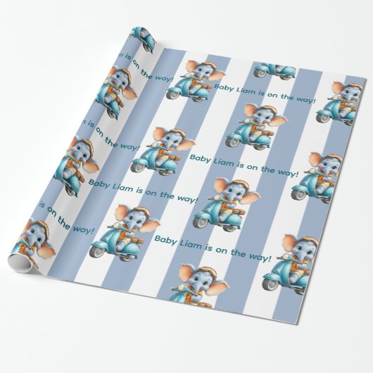 Glossy Wrapping Paper Blue & White Stripe Elephant Geschenkpapier (Ungerollt)