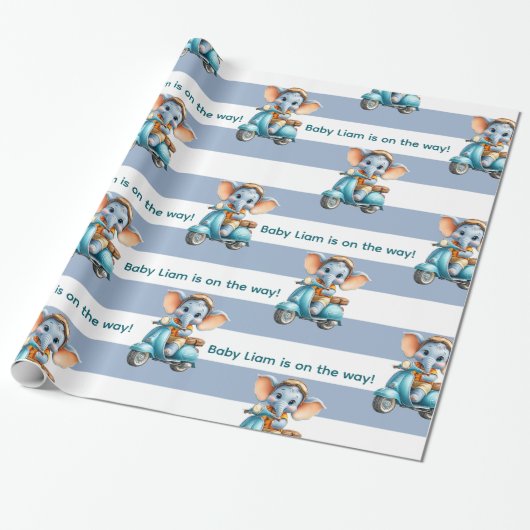 Glossy Wrapping Paper Blue & White Stripe Elephant Geschenkpapier (Ungerollt)