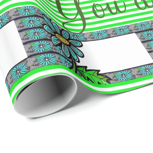 Glossy Wrapping Paper Blumengrün Streifen Geschenkpapier (Rolleneckpunkt)