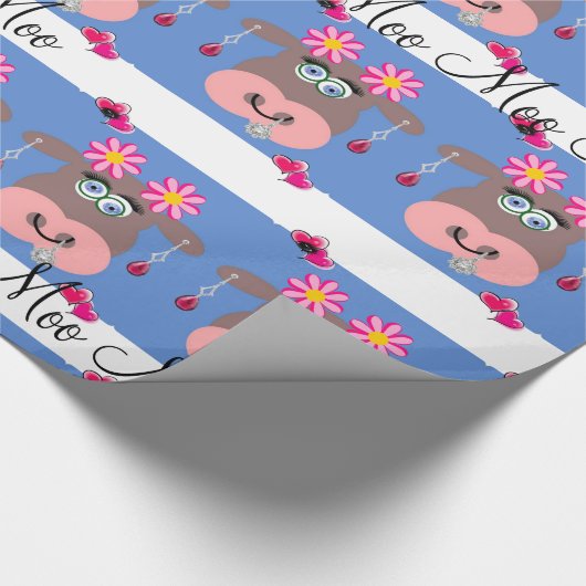 Glossy Wrapping Paper, Blütenkuh Moo Blau Geschenkpapier (Ecke)