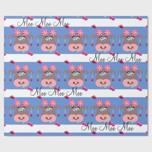 Glossy Wrapping Paper, Blütenkuh Moo Blau Geschenkpapier (Flach)