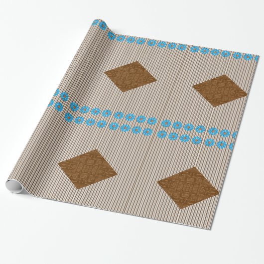 Glossy Wrapping Paper Brown Stripes Blue Blumen Geschenkpapier (Ungerollt)