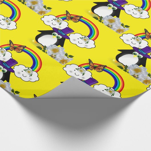 Glossy Wrapping Paper, Pinguin Rainbow Sun Clouds Geschenkpapier (Ecke)