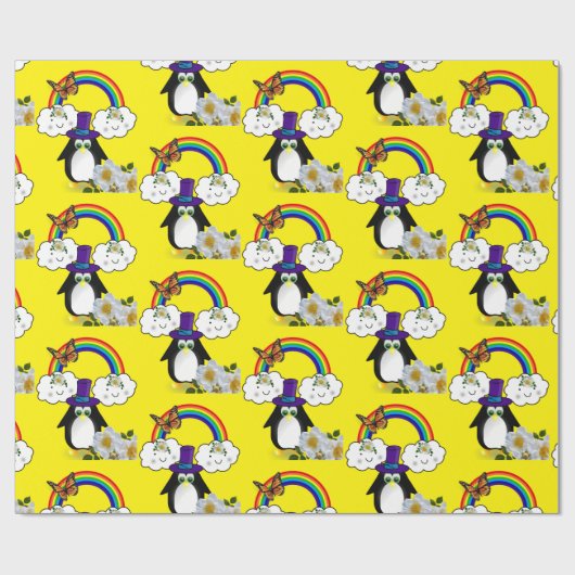 Glossy Wrapping Paper, Pinguin Rainbow Sun Clouds Geschenkpapier (Flach)