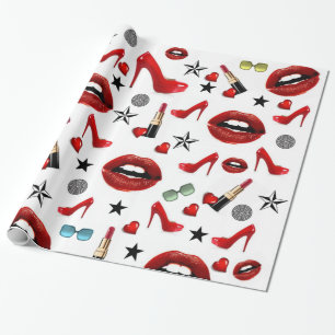 Glossy Wrapping Paper, Red Lipstick Lips Heels Geschenkpapier