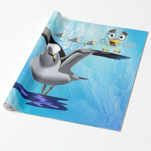 Glossy Wrapping Paper, Seagull Birds Fish Wave Geschenkpapier (Ungerollt)