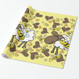 Glossy Wrapping Paper, Sheep Bee Brown Hearts Geschenkpapier