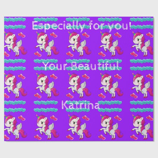 Glossy Wrapping Paper, Unicorn Blue Hearts Lila Geschenkpapier (Flach)