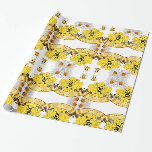 Glossy Wrapping Paper White Daisy Bumblebee Geschenkpapier (Ungerollt)