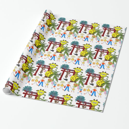 Glossy Wrapping Paper, Zoo Monkey Giraffe Geschenkpapier (Ungerollt)