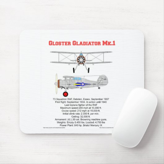 Gloster Gladiator Zweiflugzeug von 73 Staffel RAF Mousepad (Mit Mouse)
