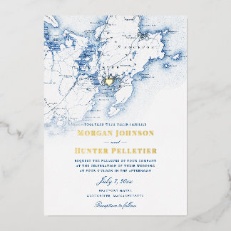 Gloucester Cape Ann Wedding Elegant Navy und Gold Folieneinladung