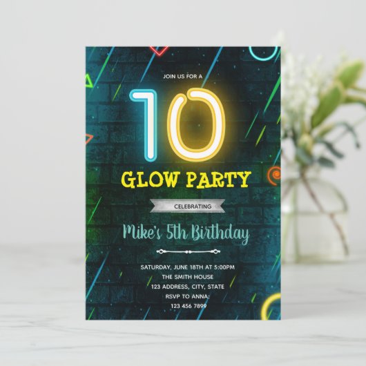 Glow 10. Geburtstagsfeier Einladung (Stehend Vorderseite)
