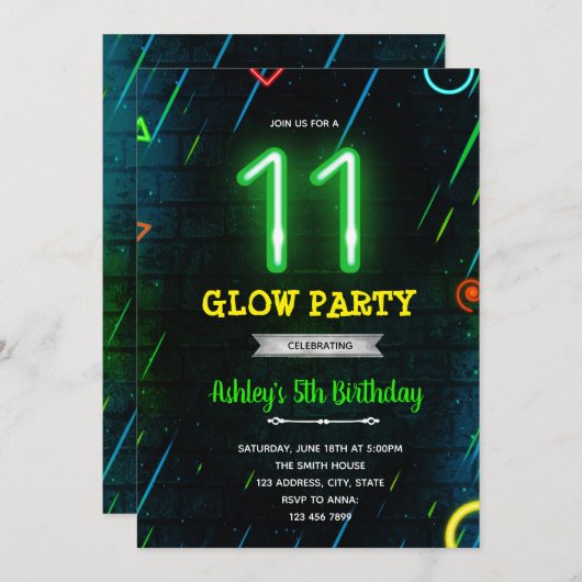 Glow 11. Geburtstagsfeier Einladung (Vorne/Hinten)
