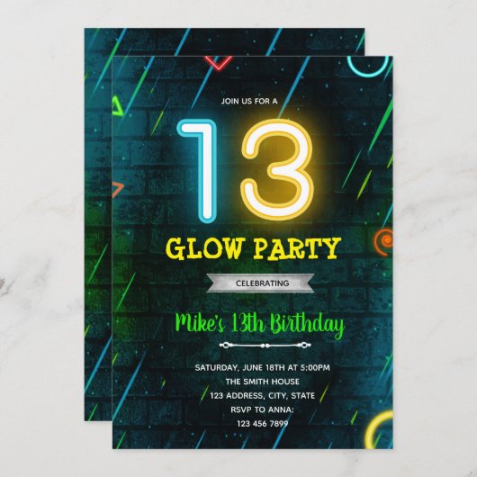 Glow 13 Party Einladung (Vorne/Hinten)