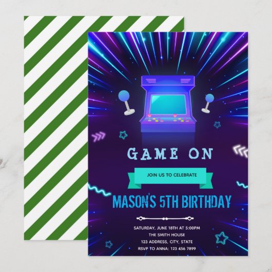 Glow Arcade Einladung zum Geburtstag (Vorne/Hinten)
