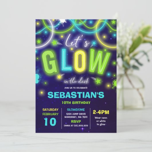 Glow Birthday Einladung Neon Glow Dance Party (Stehend Vorderseite)