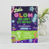 GLOW Birthday Gaming Arcade Party Glow Neon 80er Einladung (Stehend Vorderseite)