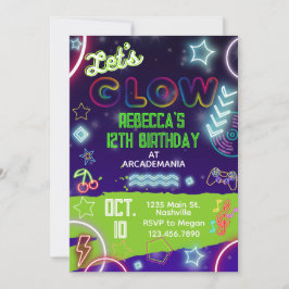 GLOW Birthday Gaming Arcade Party Glow Neon Tiedye Einladung