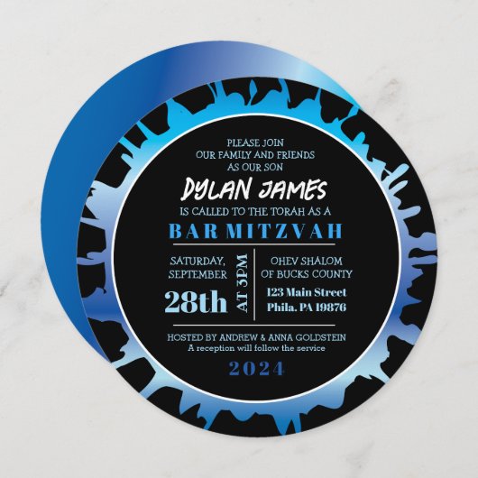 GLOW Blue Splash Bar Bat Mitzvah Einladung (Vorne/Hinten)