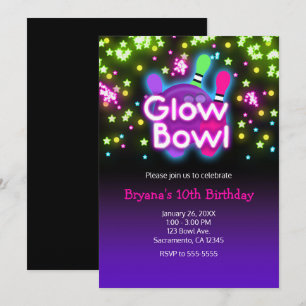 Glow Bowl Bowling Neon Sterne Geburtstagsparty Einladung