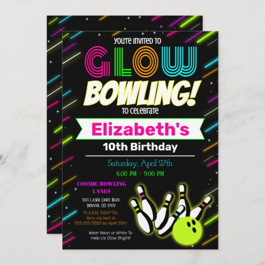 Glow Bowling Birthday Einladung (Vorne/Hinten)