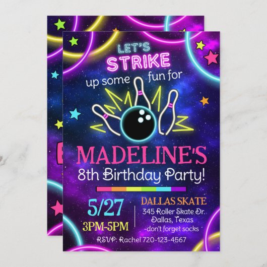 Glow Bowling Einladung, glänzender Bowling Geburts Einladung (Vorne/Hinten)