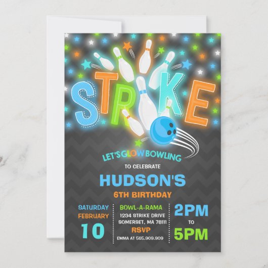 Glow Bowling Einladung Neon Glow Bowling Party (Vorderseite)