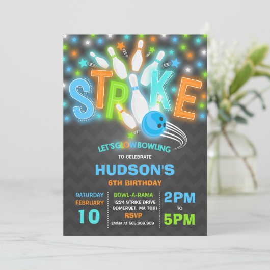 Glow Bowling Einladung Neon Glow Bowling Party (Stehend Vorderseite)