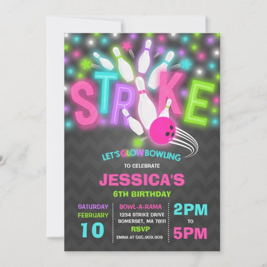 Glow Bowling Einladung Neon Glow Bowling Party (Vorderseite)
