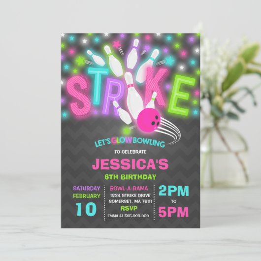 Glow Bowling Einladung Neon Glow Bowling Party (Stehend Vorderseite)
