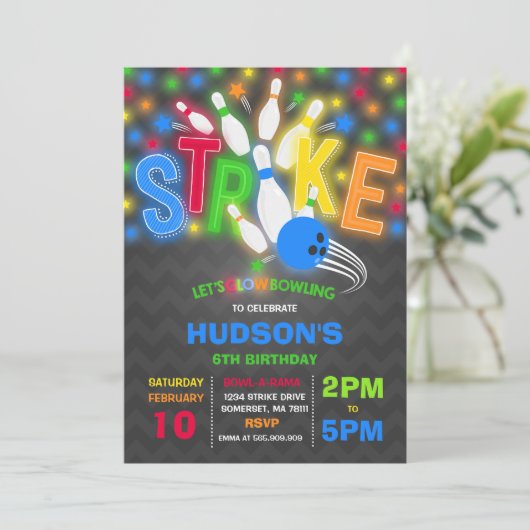 Glow Bowling Einladung Neon Glow Bowling Party (Stehend Vorderseite)