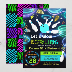 Glow Bowling Kindergeburtstagsfeier Neonfarbe Einladung