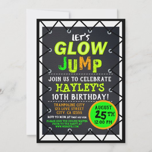 Glow Cosmic Jump & Play Kids Trampolin Park Einladung (Vorderseite)