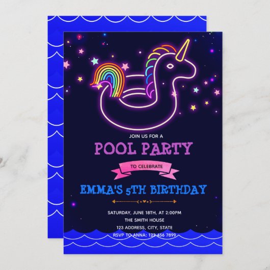 Glow Einhorn Pool Themenabend Einladung (Vorne/Hinten)