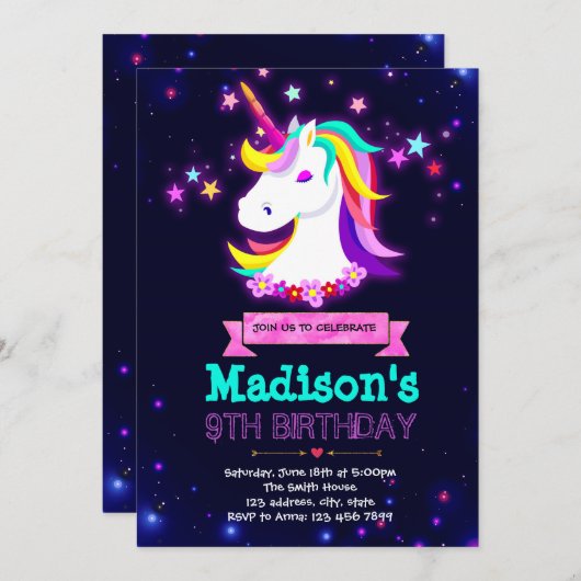 Glow Einhorn Themenparty Einladung (Vorne/Hinten)