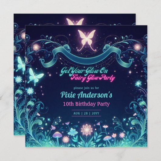 Glow Fairy Party Thema Fairytale Verzauberter Wald Einladung (Vorne/Hinten)