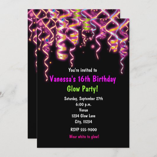 Glow in Dark Birthday Party Streamers Einladung (Vorne/Hinten)