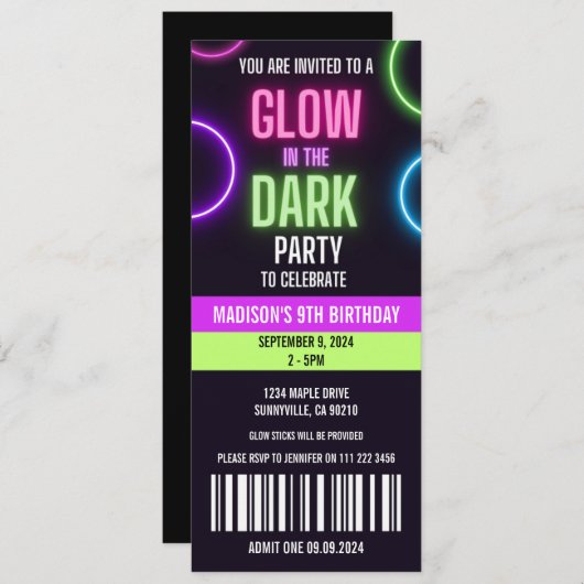 Glow in der dunklen Neon Birthday Ticket Einladung (Vorne/Hinten)