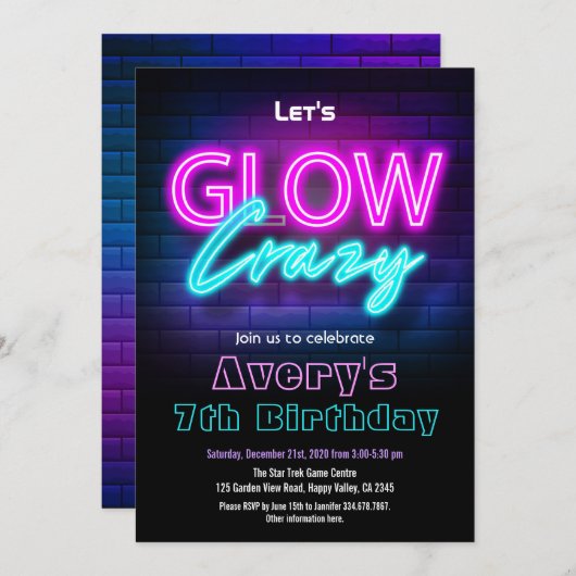 Glow In The Dark Pink Birthday Party Invitation Einladung (Vorne/Hinten)