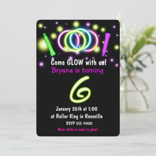 GLOW Lights 6th Birthday Party Age 6 Einladung (Stehend Vorderseite)