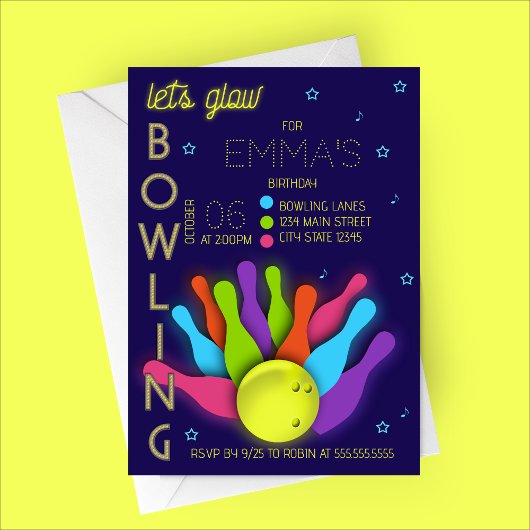 Glow Neon Bowling Birthday Invitation Einladung