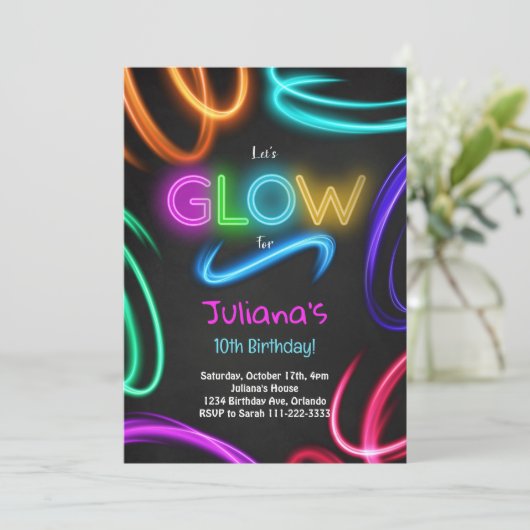 Glow Neon Geburtstagsparty Einladung (Stehend Vorderseite)