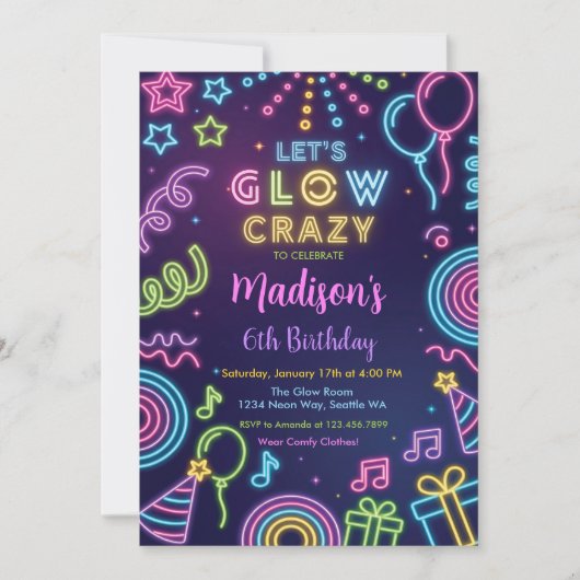Glow Party Birthday Invitation, Neon Glow Theme Einladung (Vorderseite)